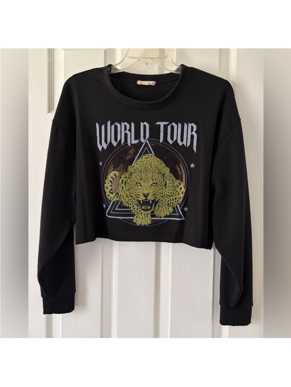 Altar'd State Black Cropped 'World Tour' Leopard Sweatshirt